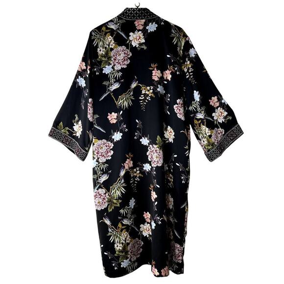 Johnny Was Floral Satin Duster Kimono Cardigan Jacket Velvet Trim XL Black - Picture 5 of 5